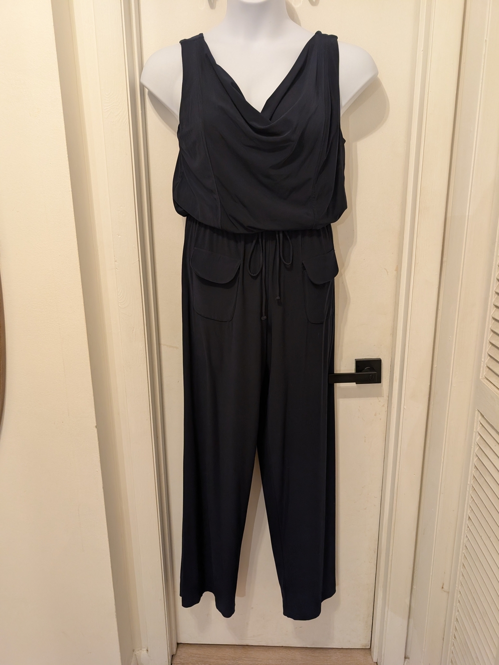 Emma & Michele Draped Neck Navy Jumpsuit with Drawstring Waist